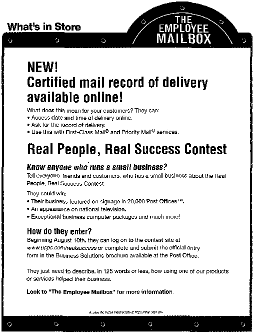 What's in Store, The Employee Mailbox - New. Certified mail record of delivery available online, and Real people, real success contest. Access the Retail Intranet Site at http://retail.usps.gov.