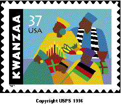 Stamp Announcement 02-37: Holiday celebrations - Kwanzaa special stamp, copyright USPS 1996.