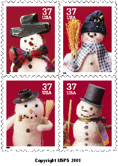 Stamp Announcement 02-41:  Holiday - Snowmen. Copyright USPS 2001.