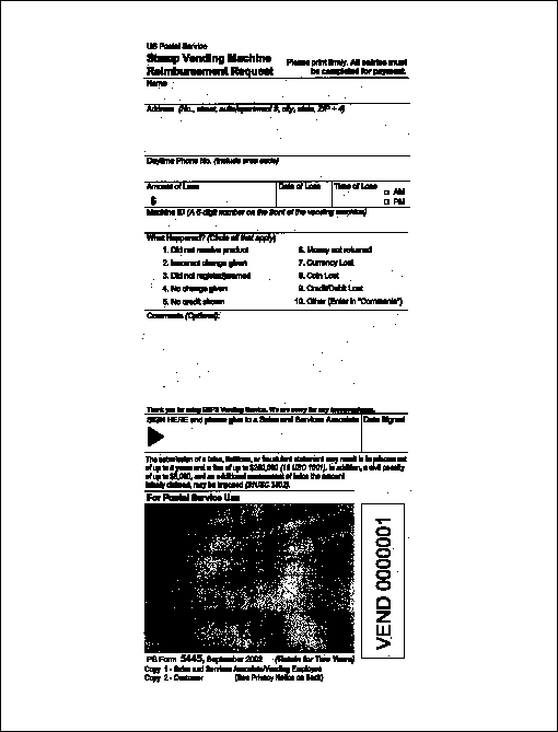 PS Form 5445, September 2002:  Stamp Vending Machine Reimbursement Request form (page 1).