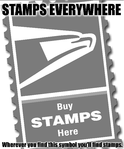 Front Cover - Stamps everywhere. Buy stamps here. Wherever you find this symbol you'll find stamps. Hatch Act/Election campaigns and Ordering info DMM 100.