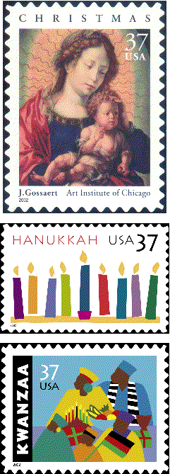 The Hanukkah and Kwanzaa stamps reissued this year as part of the Holiday Celebration series, and also at the 37-cent rate. Also, the Christmas - Madonna and Child stamp was issued on October 10th.