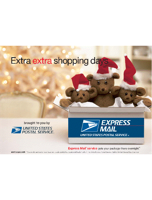Extra extra shopping days, brought to you by US Postal Service. Express Mail service gets your package there overnight. Visit www.usps.com.