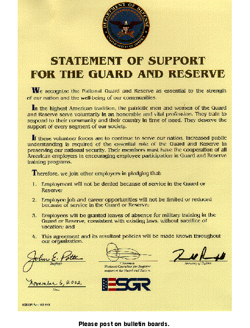 Statement of support for the guard and reserve, Please post on bulletin boards. A D-Link is provided.