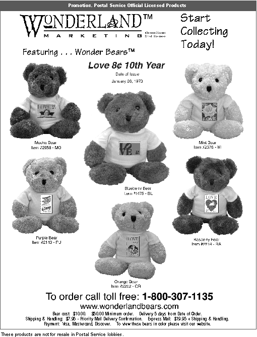 Promotion. Wonderland Marketing:  Featuring wonder bears. Start collecting today. to order, call 1-800-307-1135 or visit www.wonderlandbears.com.