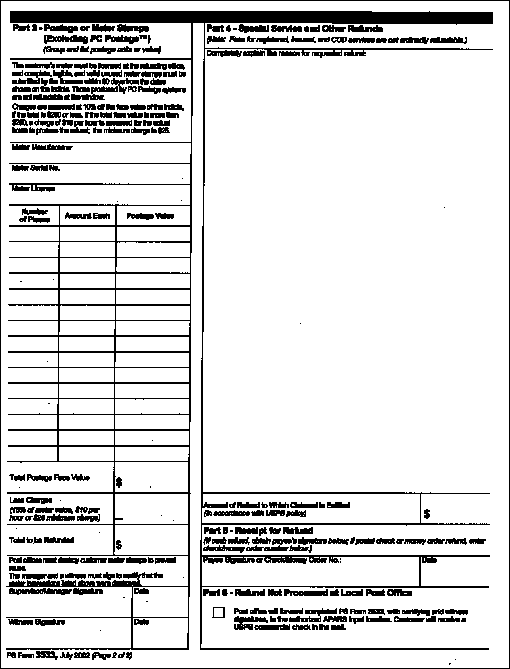 PS Form 3533, July 2002 - Application and Voucher for Refund of Postage, Fees, and Services, page 2 of 2.