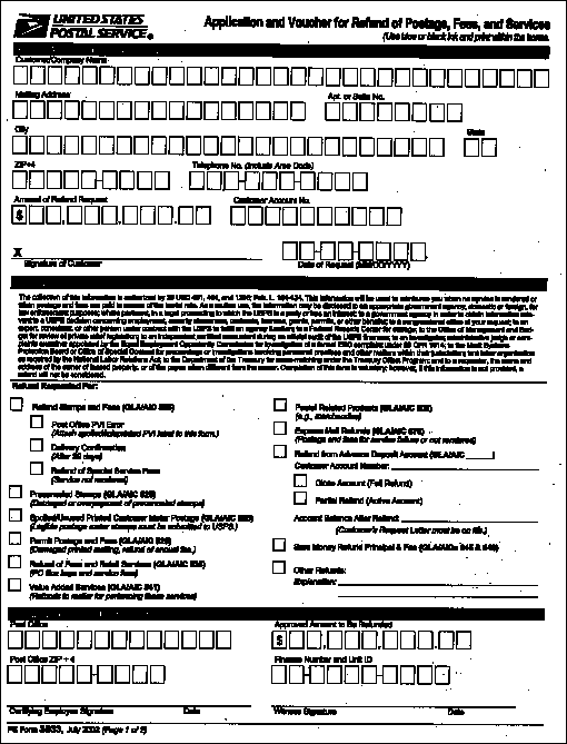 PS Form 3533, July 2002 - Application and Voucher for Refund of Postage, Fees, and Services, page 1 of 2.