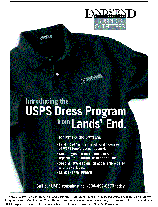 Introducing the USPS dress program from Lands' End. Call USPS consultant at 1-800-497-6570.