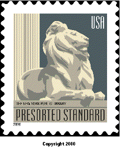 Stamp Announcment 03-01:  New York public library lion stamp, copyright 2000.