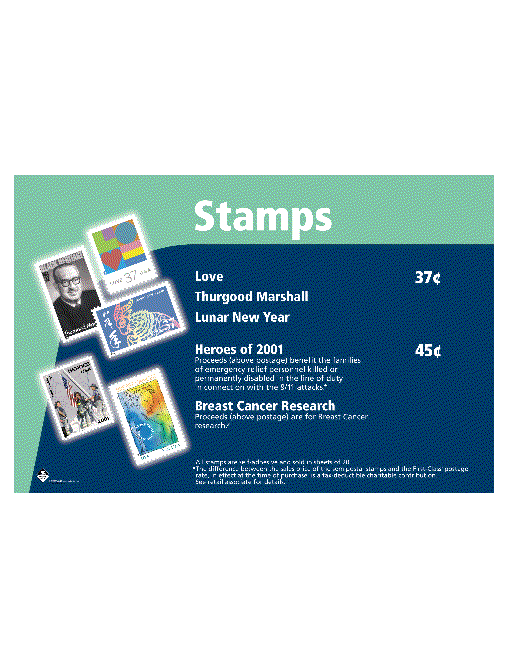 Stamps: Love, Thurgood Marshall, Lunar New Year are 37 cents. Heroes of 2001, and Breast Cancer Research are 45 cents. A D-link is provided.