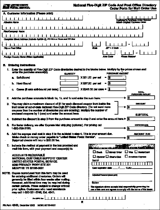 PS Form 4243, December 2002:  National five-digit zip code and post office directory order form for mail order use.