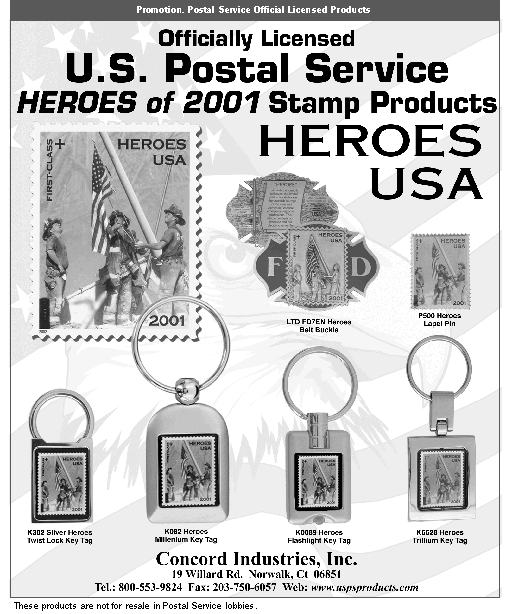 Promotion. US Postal Service Heroes of 2001 stamp products. For information or to order, call 800-553-9824, fax: 203-750-6057, or visit web: www.uspsproducts.com.