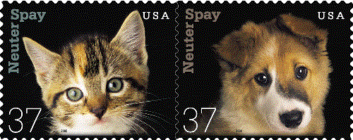 Spay Day USA 2003 Stamps- one stamp image is a picture of a cat and the other is a picture of a dog