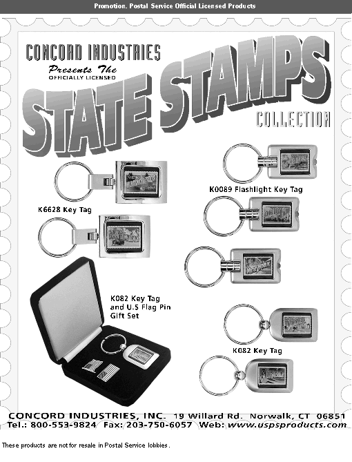 promotion. officially licensed state stamps collection keychains. call 800-553-9824, fax 203-750-6057, or visit www.uspsproducts.com.