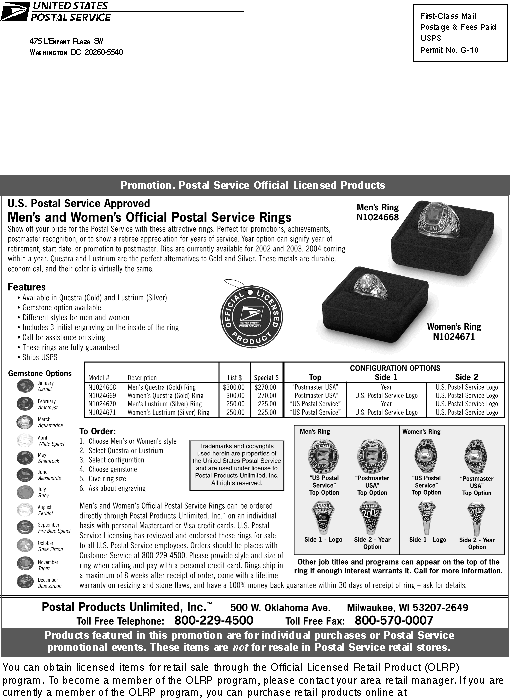 back cover - us postal service approved men's and women's official postal service rings. call toll free 800-229-4500 of fax 800-570-0007.