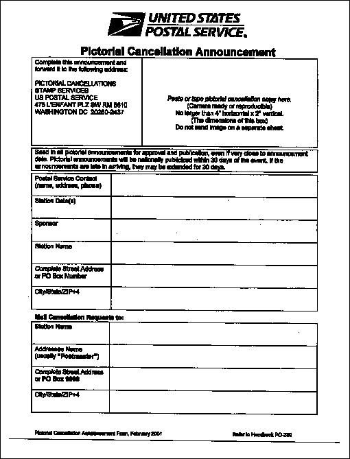 pictorial cancellation announcement form, february 2001. refer to handbook po-230.