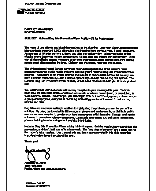 letter from vice president: national dog bite prevention week publicity kit for postmasters.  a d-link is provided.