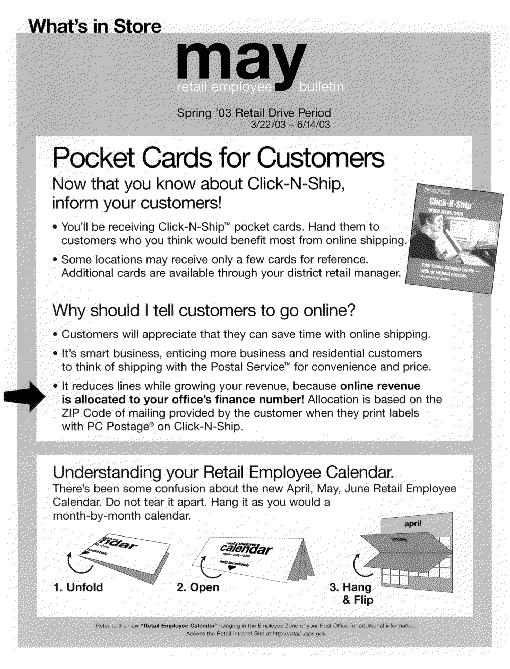 what's in store, may retail employee bulletin. spring 03 retail drive period 3/22/03-6/14/03 - pocket cards for customers.  click-n-ship at www.usps.com.