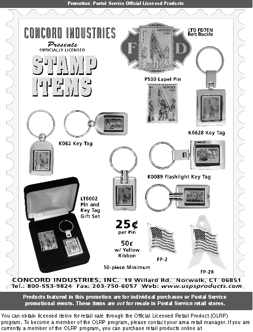concord industries presents officially licensed stamp items. call 800-553-9824, fax 203-750-6057, or visit www.uspsproducts.com.