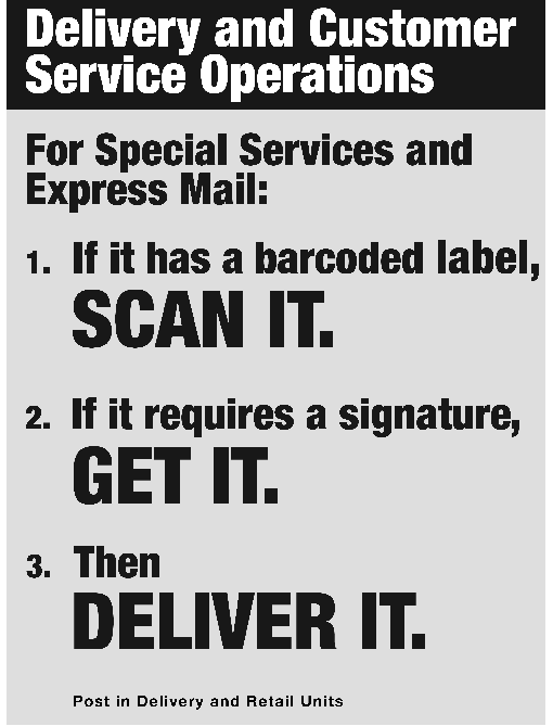 for special services and express mail: if it has a barcoded label, scan it. if it requres a signature, get it. then deliver it.