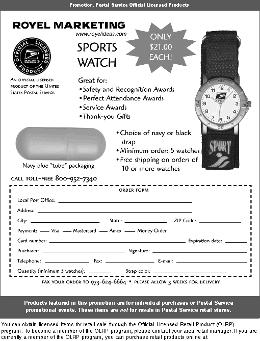 promotion. sports watch, only $21.00 each. call 800-952-7341, fax 973-624-6664, or visit www.royelideas.com.