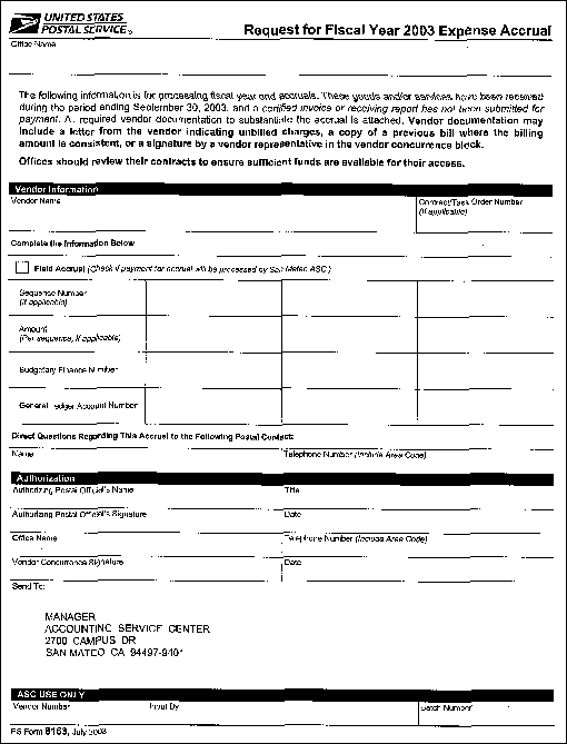 ps form 8163, july 2003 - request for fiscal year 2003 expense accrual