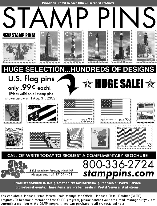 promotion. stamp pins. huge sale. huge selection, hundreds of designs. call or write to request a complimentary brochure at 800-336-2724, or visit stamppins.com.