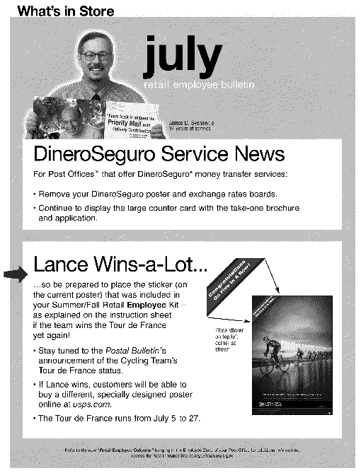 july retain employee bulletin. dineroseguro service news and lance wins-a-lot. access the retail intranet site at http://retail.usps.gov.