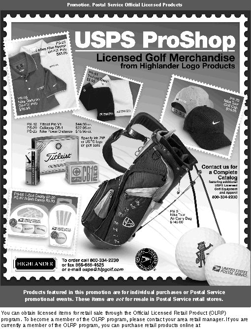 promotion. usps proshop licensed golf merchandise from highlander logo products. to order, call 800-334-2230, fax 866-666-4525, or e-mail usps@hlpgolf.com.