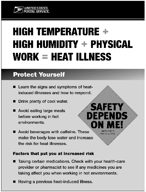 poster:high temperature + high humidity + physical work = heat illness. protect yourself. a d-link is provided.