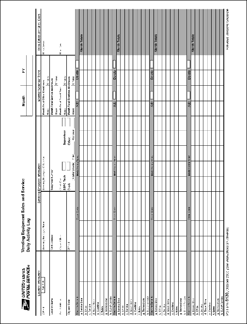 ps form 8130, vending equipment sales and service - daily activity log (page 1 of 2), October 2003.