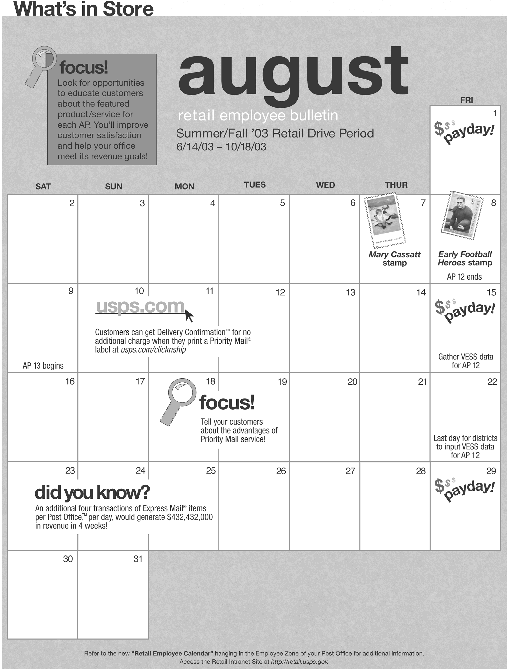 august retail employee bulletin. summer/fall '03 retail drive period 6/14/03-10/18/03. access the retail intranet site at http://retail.usps.gov.
