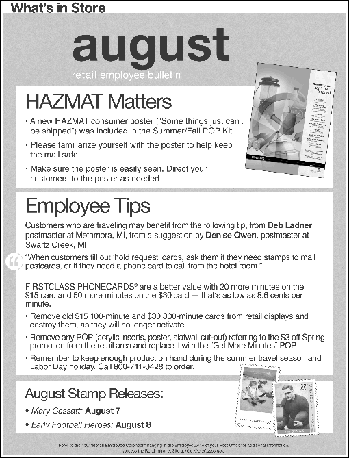 August retail employee bulletin. hazmat matters. employee tips. august stamp releases. access the retail intranet site at http://retail.usps.gov.