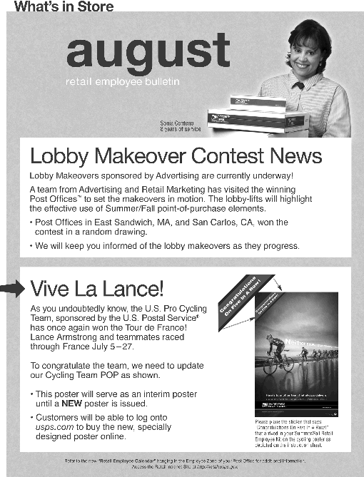 August retail employee bulletin. lobby makeover contest news. vive la lance. access the retail intranet site at http://retail.usps.gov.