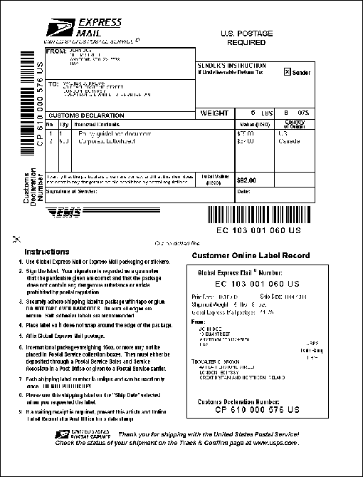 sample of a global express mail label with the integrated customs declaration form and barcode.