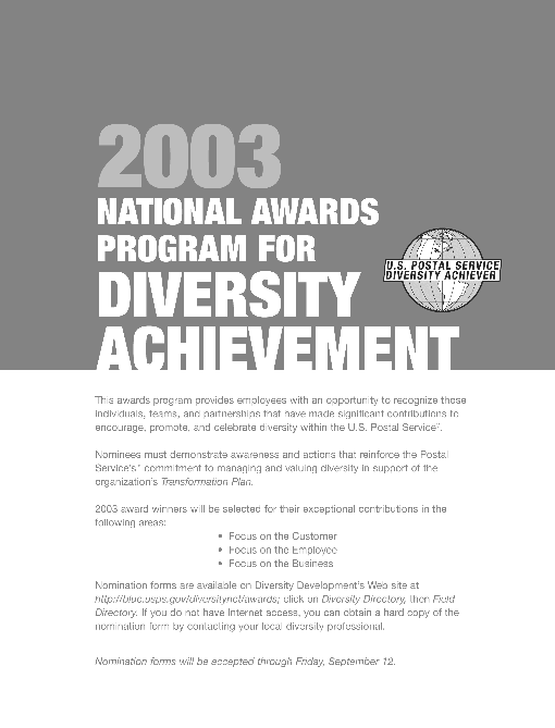 2003 national awards program for diversity achievement. nomination forms are available at http://blue.usps.gov/diversitynet/awards; click on diversity directory, then field directory.