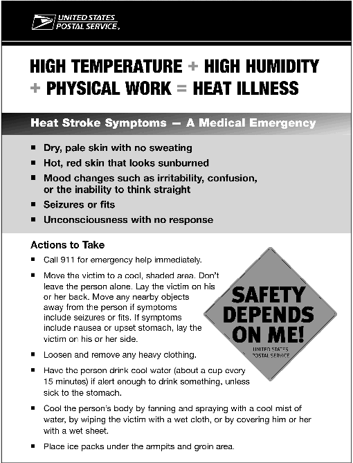 promotion. high temperature plus high humidity plus physical work equal heat illness. heat stroke symptoms - a medical emergency. a d-link is provided.