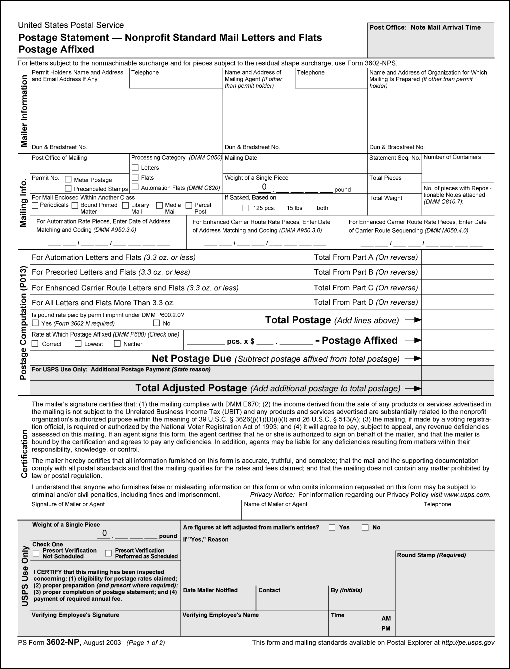ps form 3602-np, august 2003 (page 1 of 2): postage statement - nonprofit standard mail letters and flats postage affixed.