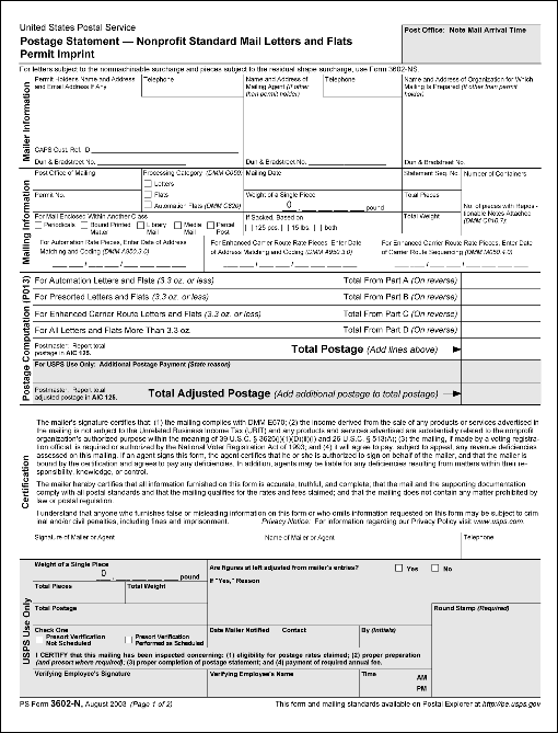 ps form 3602-n, august 2003 (page 1 of 2): postage statement - nonprofit standard mail letters and flats - permit imprint.