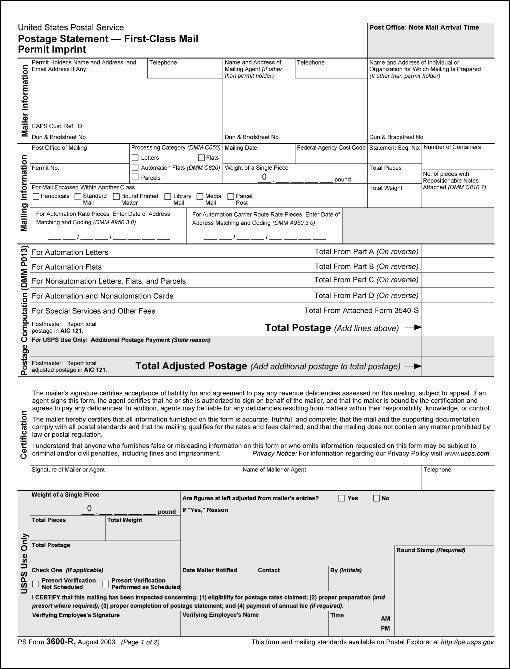 ps form 3600-r, august 2003 (page 1 of 2): postage statement - first-class mail - permit imprint.