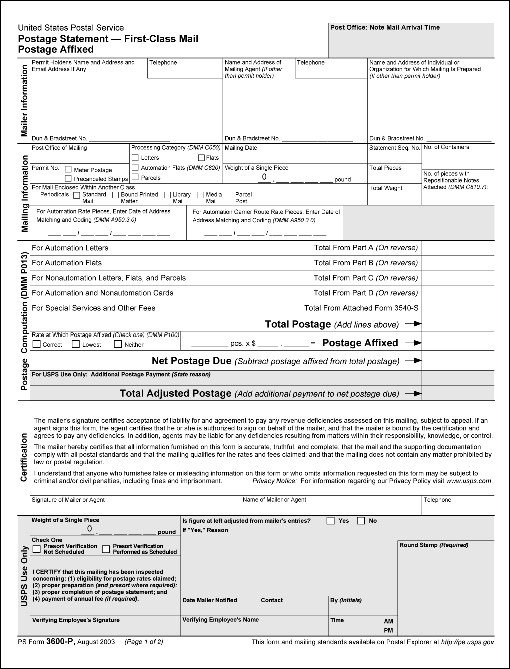 ps form 3600-p, august 2003 (page 1 of 2): postage statement - first-class mail - postage affixed.