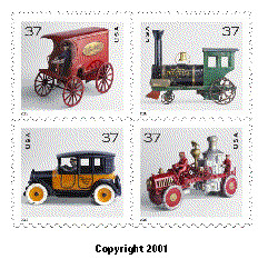 stamp announcement 03-27: antique toys definitive stamp, copyright 2001.