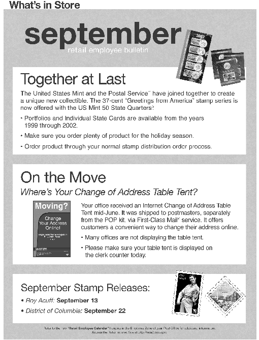 sepbember retail employee bulletin. together at last. on the move. september stam releases. access the retail intranet site at http://retail.usps.gov.