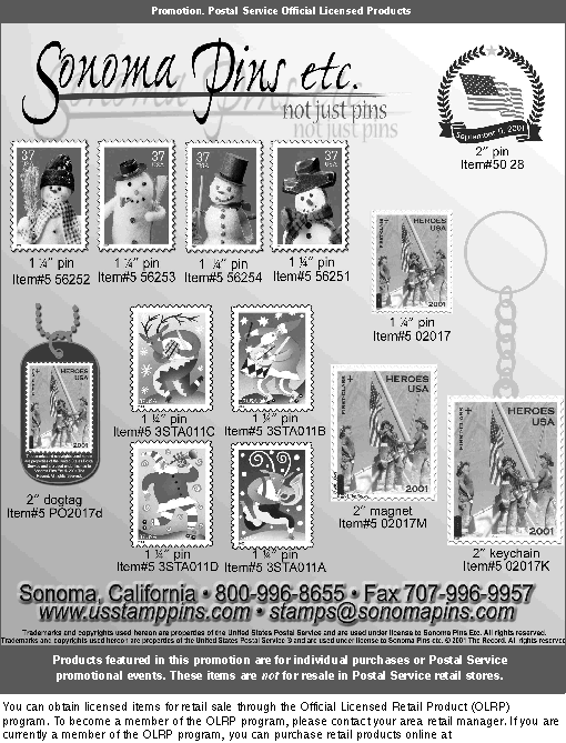 promotion. sonoma pins, etc. not just pins. to order, call 800-996-8655, fax 707-996-9957, or visit www.usstamppins.com or stamps@sonomapins.com.