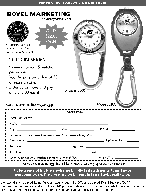 promotion. clip-on watch series only $22.00 each. call 800-952-7340, fax 973-624-6664, or visit www.royelideas.com.