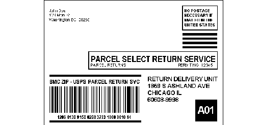 exhibit 4.4b. parcel select return services label addressed to a return delivery unit with concatenated parcel return services and postal routing barcodes.