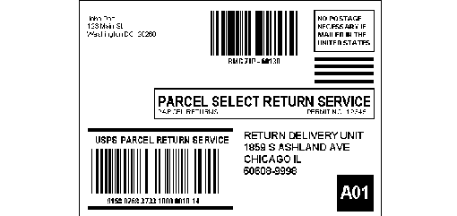 exhibit 4.4.2. parcel select return services label addressed to a return delivery unit with separate parcel return services and postal routing barcodes.