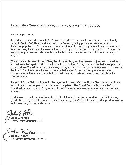 message from postmaster general and deputy postmaster general about the hispanic program. a d-link is provided.
