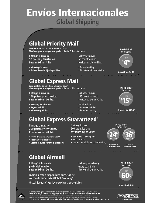 global priority mail, global express mail, global express guaranteed, global airmail. visit www.usps.com.