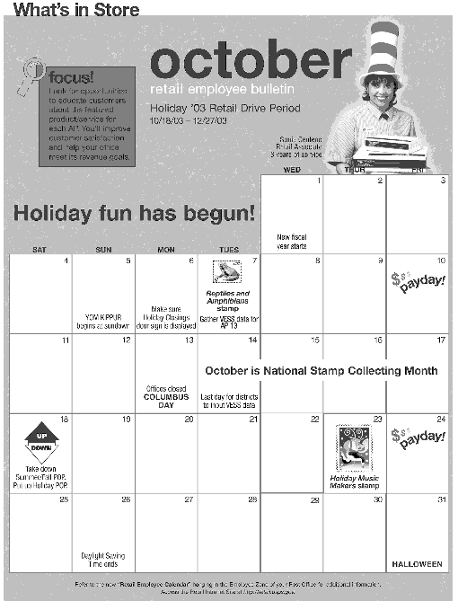 october retail employee bulletin. holiday '03 retail drive period 10/18/03-12/27/03. holiday fun has begun. access the retail intranet site at http://retail.usps.gov.
